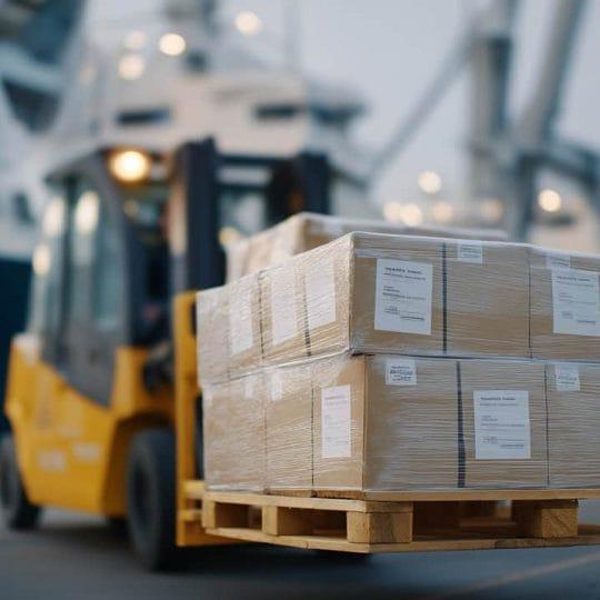 Forklift loading palletised freight for ad hoc haulage services in Wirral